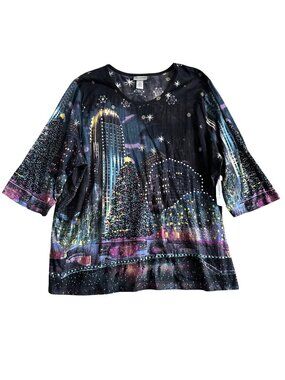 Catherines Women's Sz 2X Holiday Cityscape Embellished Cotton Top 3/4 Sleeve
